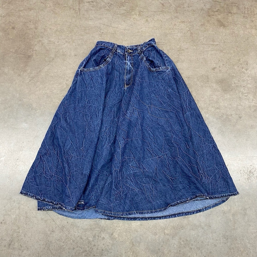 Denim‎ Maxi Skirt Blue Crinkle Wash Wide Flare Y2K Womens Small